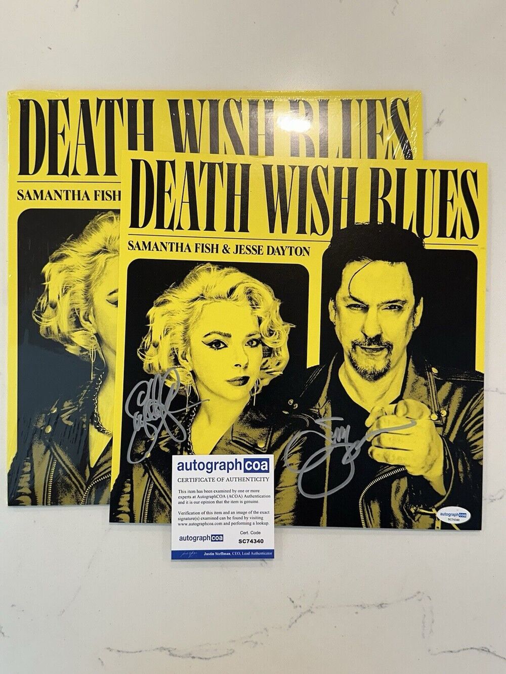 SAMANTHA FISH & JESSE DAYTON SIGNED AUTOGRAPH YELLOW VINYL ACOA DEATH WISH BLUE
